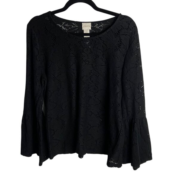 Chico's Tops - Chico's Size 2 Black Lace Blouse Flare Sleeve Top Whimsigoth Layering Large